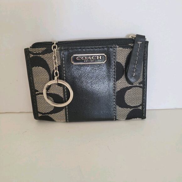 COACH Skinny Key Ring Card Case Small Wallet Black Canvas Leather Zip Signature - Picture 1 of 6